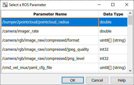 "Select a ROS Parameter" dialog that displays the list of ROS parameters on the server and their data type.