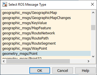 "Select ROS Message Type" dialog that displays the list of supported message types.