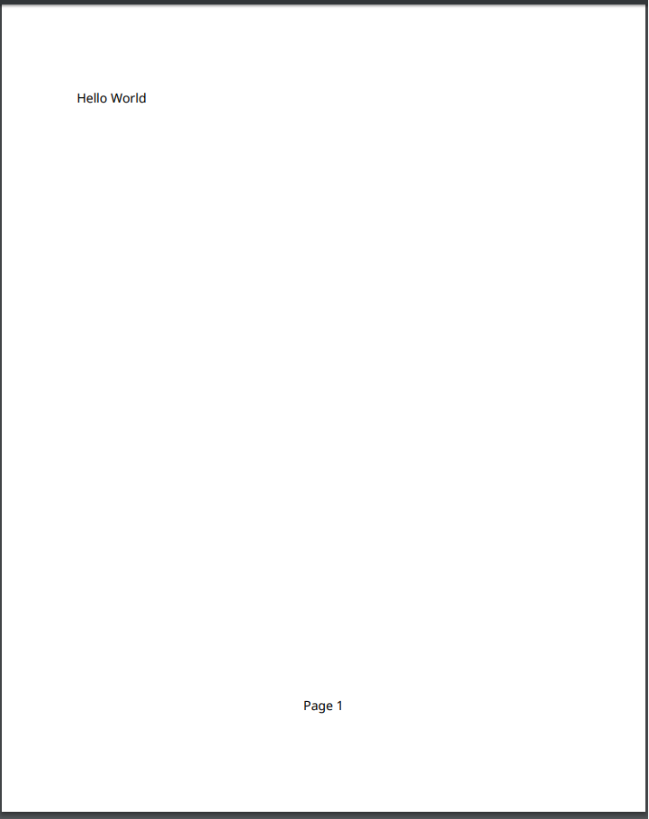 PDF page showing the text Hello World at the top and Page 1 centered in the footer