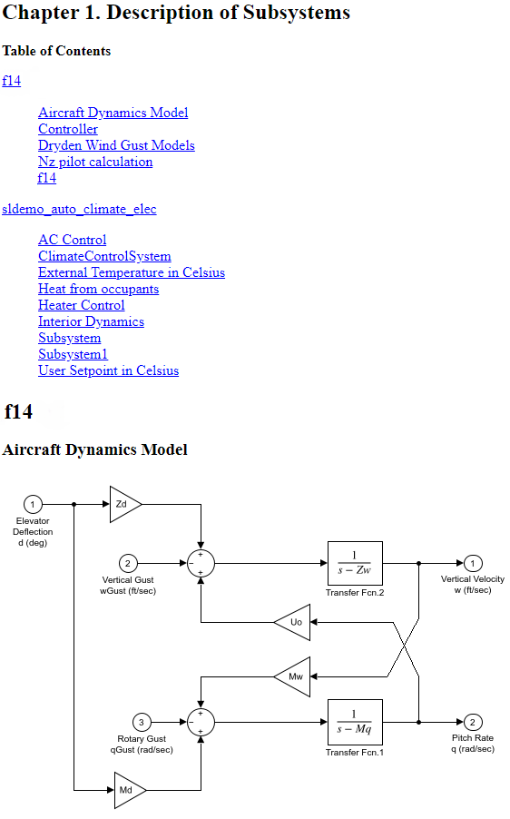 Sample report page showing Chapter 1 followed by a Table of Contents and a Simulink model displaying model f14