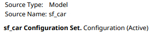 First paragraph is "Source Type :Model". Second paragraph is "Source Name: sf_car". Third paragraph is "sf_car Configuration Set. Configuration (Active)".