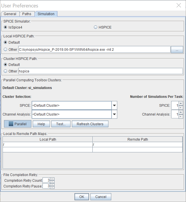 Simulation tab with a nondefault local HSPICE path value