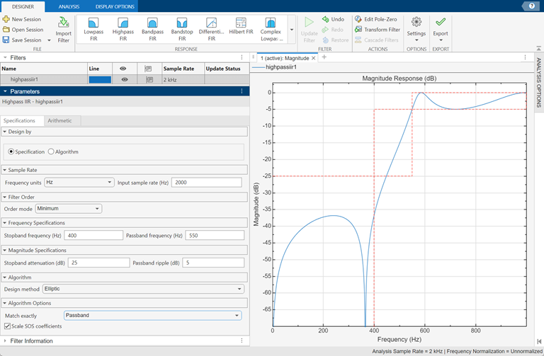 Highpass IIR filter design using Filter Designer app