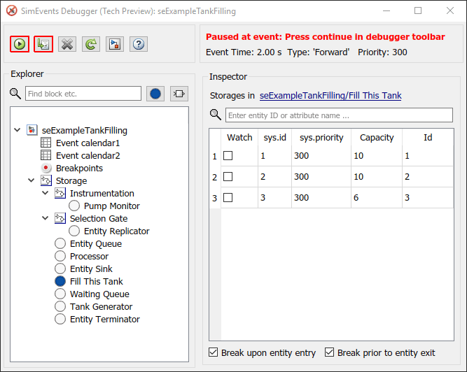 The Inspector pane of the SimEvents Debugger displaying attributes of entities with IDs 1, 2 and 3.
