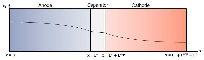 Representative concentration in the electrolyte during discharge. The model comprises the anode, the separator, and the cathode.