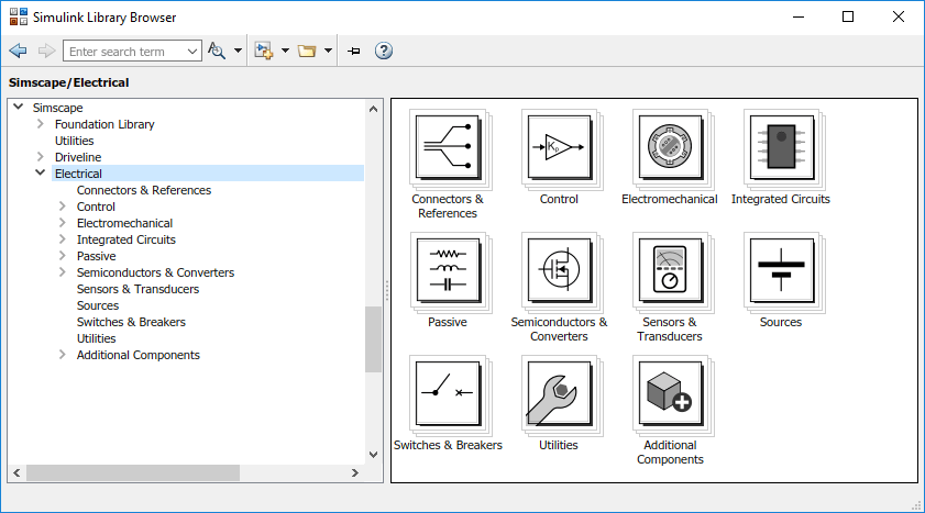 Simulink Library Browser. The Electrical node is selected in the tree is on the left. The top-level Simscape Electrical libraries are on the right.