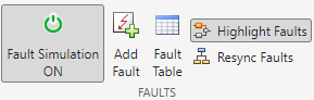 Faults section of Simscape Block tab, where the button on the left indicates that fault simulation is on.