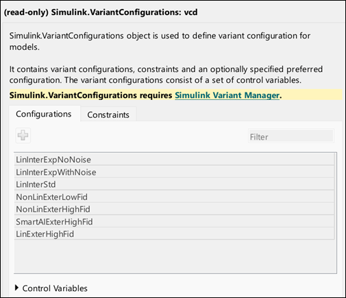 Simulink.VariantConfigurations dialog box shows a read-only view