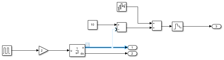 With the signal between the Second-Order Integrator block and the Outport block selected, the software suggests connecting the signal line to the minus input port of the Subtract block.