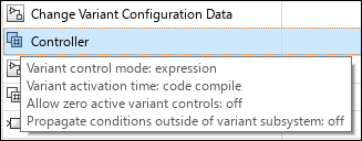 Block specific tooltip for a Variant Subsystem block in the model hierarchy.