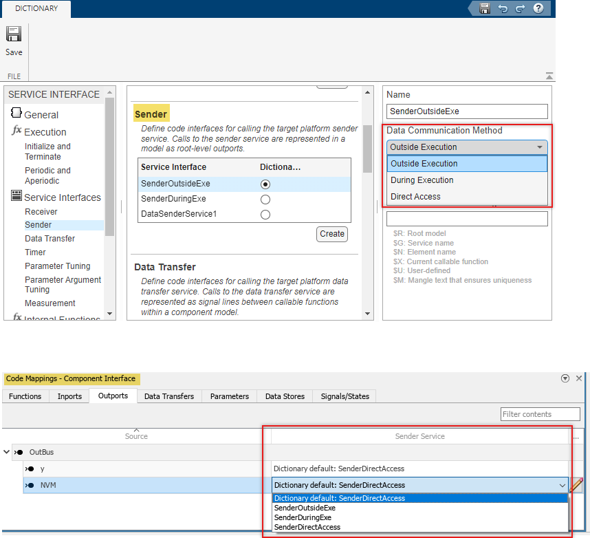 Embedded Coder dictionary interface for selecting the data communication method