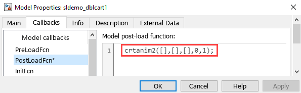 The image shows the Model Properties dialog box for sldemo_dblcart1 with the Callbacks tab open. In the tree on the left pane, PostLoadFcn* is selected. The right pane displays the command crtanim2([],[],[],0,1);.