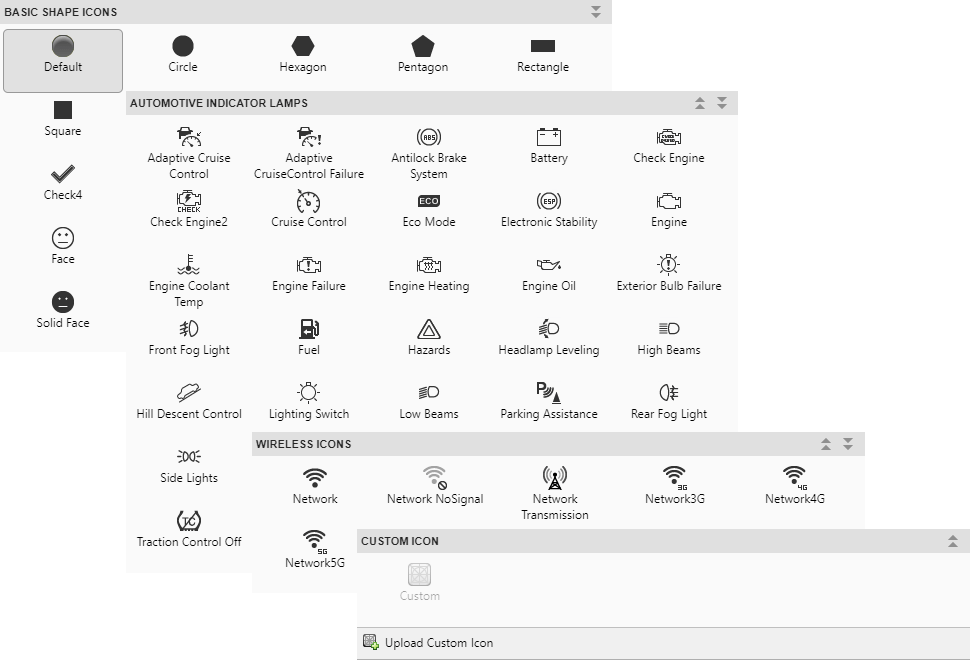Lamp Icon drop-down menu showing basic shape icons, automotive indicator lamps, wireless icons, and the option to choose a custom icon