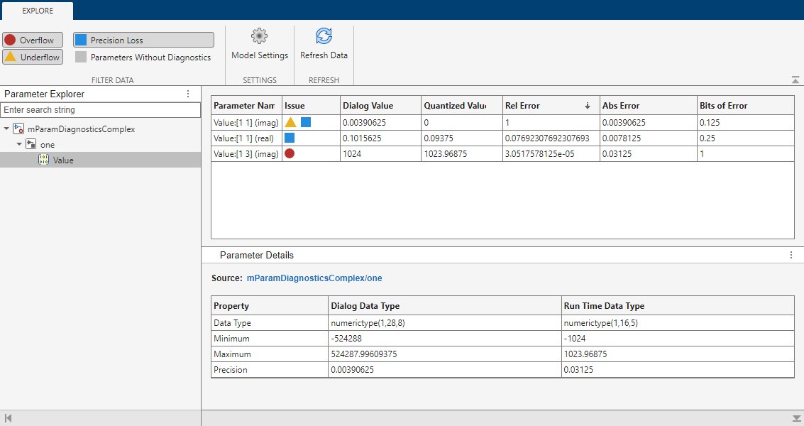 Screenshot of Parameter Quantization Advisor app.