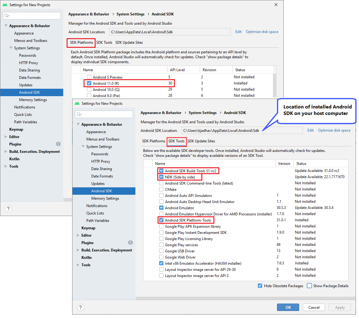 Android SDK location for latest version workflow