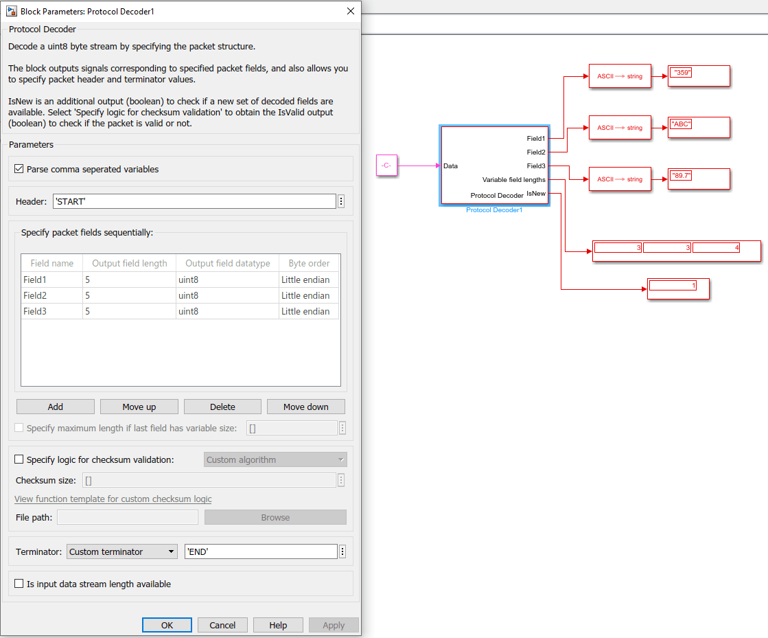 Entries in block mask and their output in Simulink model