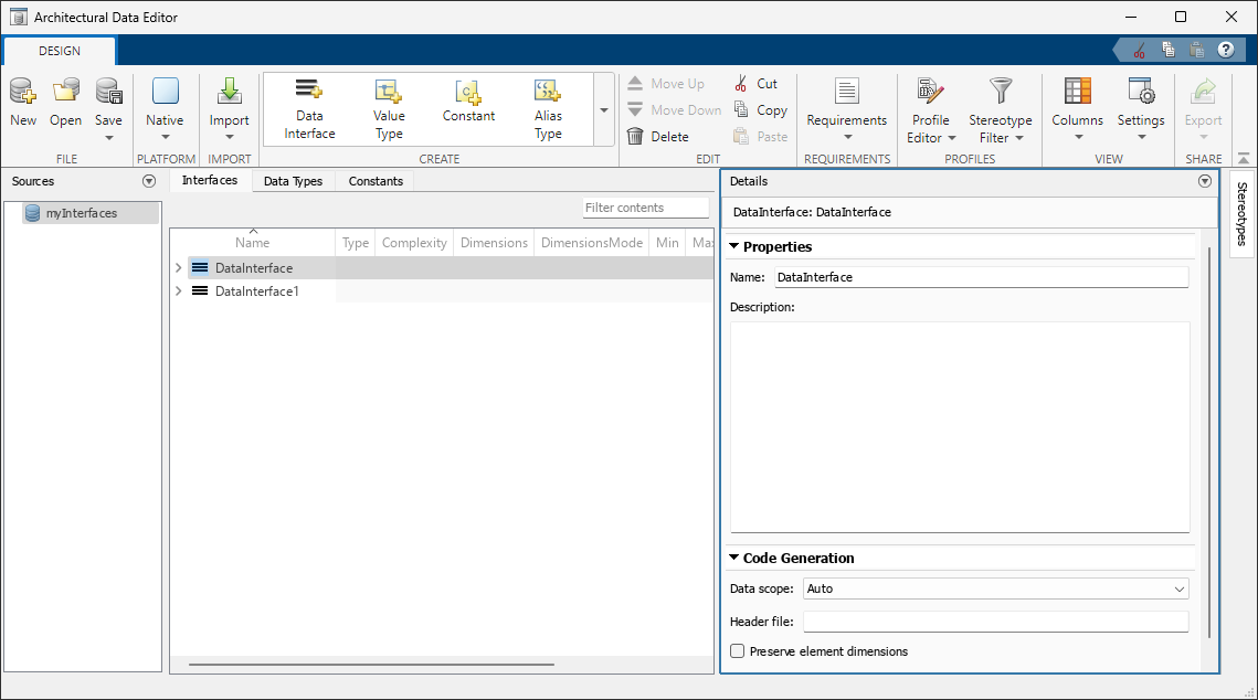 The standalone Architectural Data Editor with an interface selected. The Code Generation section includes the Data scope property Auto.