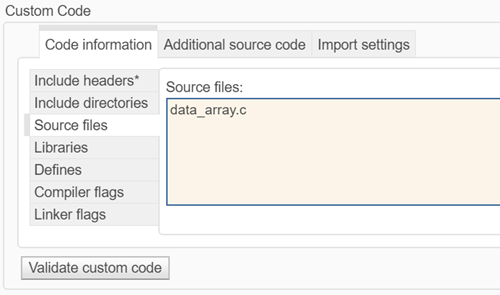 Custom Code section of Simulation Target pane of Model Configuration Parameters dialog. Code information tab and Source files field are highlighted. The following text is entered in the field: data_array.c