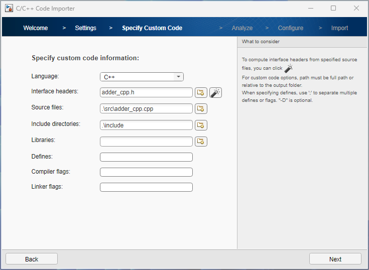 Header and source file specified in Specify Custom Code page.