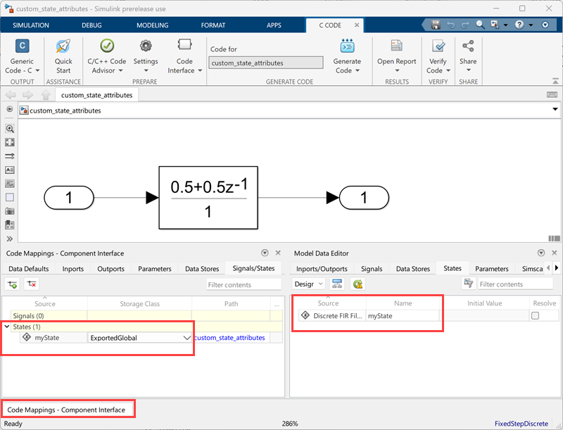 Lower left corner has the Code Mappings - Component Interface button. Lower left shows the Code Mappings - Component Interface window. Lower right shows the Model Data Editor.