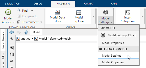 Toolstrip showing the Modeling tab with the Model Settings menu expanded. The cursor points to the Model Settings button in the Referenced Model section of the menu.