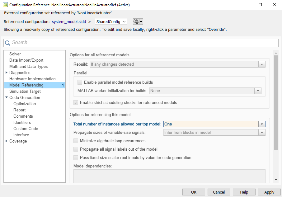 Configuration reference dialog box referencing the configuration SharedConfig. The parameter Total number of instances allowed per top model is highlighted blue and set to the value One.