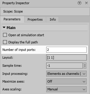 Scope block Property Inspector dialog box with the Parameters tab showing and the "Number of input ports" parameter text box highlighted