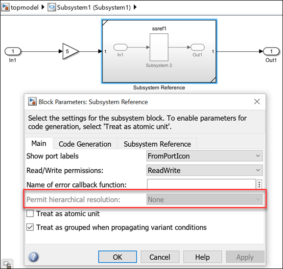 View of model canvas and block parameters of Subsystem Reference block. The 'Permit Hierarchical Resolution' option is disabled and set to 'None'.