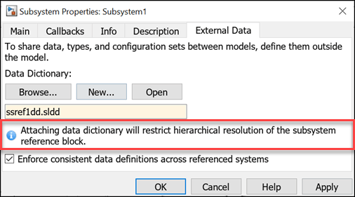 View of Subsystem Properties. When a data dictionary is added using the External Data tab, a warning to restrict hierarchical resolution is given.
