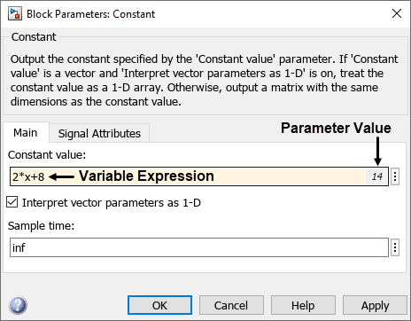 In the Block Parameters dialog box of the Gain block, the text box for entering the Gain value contains the expression "x-1" at the inner left edge, and the number 2 at the right edge.