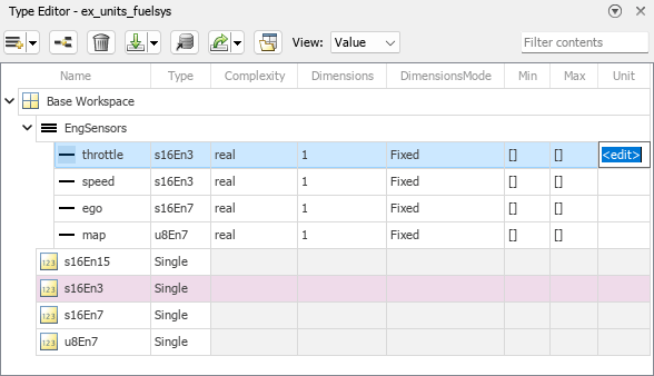 Type Editor with the Unit value selected for an element of the EngSensors bus object