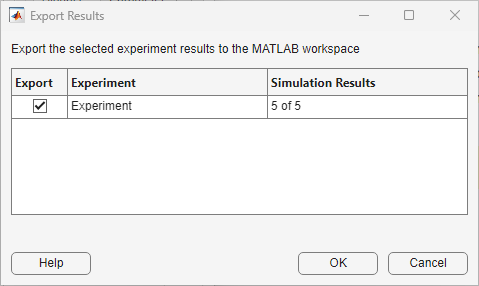 Export Results dialog box showing experiments to export to MATLAB workspace