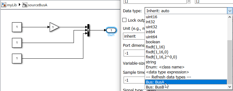 On the left, the model canvas displays the contents of a subsystem library block. The Out block is selected. On the right, a block parameters dialog box displays the dictionary data types in the drop-down menu for Data type.