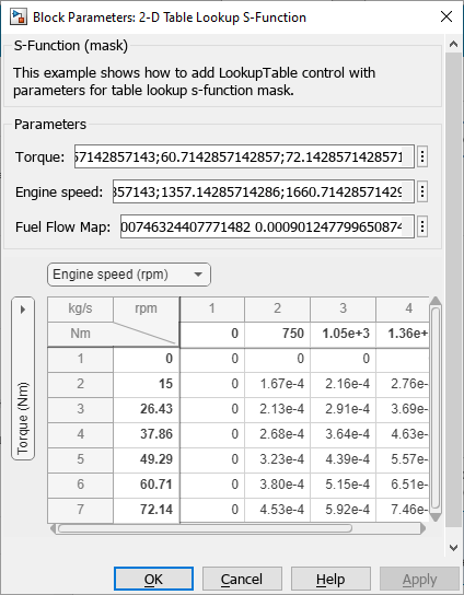 Custom 2-D Table Look S-Function lookup table in associated block mask.