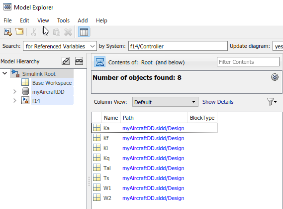 View of Model Explorer. In the Contents pane displays the list of variables that the Controller block uses.
