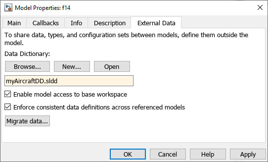 External Data tab in the Model Properties dialog box with the name of the new data dictionary displayed in the text box