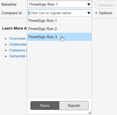 Run selection menu for comparisons.