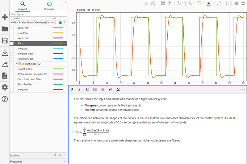 The Inspect pane of the Simulation Data Inspector shows two subplots aligned vertically. The alpha, rad and Stick signals are plotted in a time plot on the upper subplot. The lower subplot contains text describing the signals above.