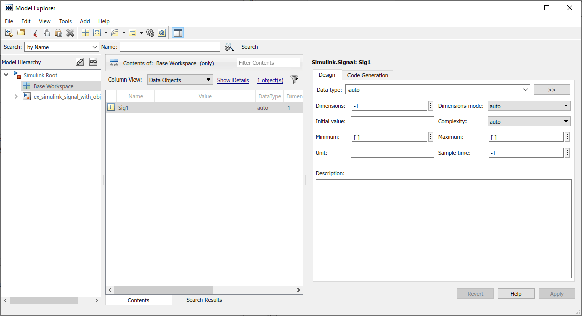 Model Explorer with property dialog box for Sig1 displayed in the right pane