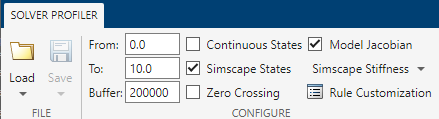 The Solver Profiler is configured to log Simscape States and the Model Jacobian in a 10 second profiling simulation.