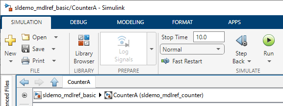 Window with sldemo_mdlref_counter open as referenced model