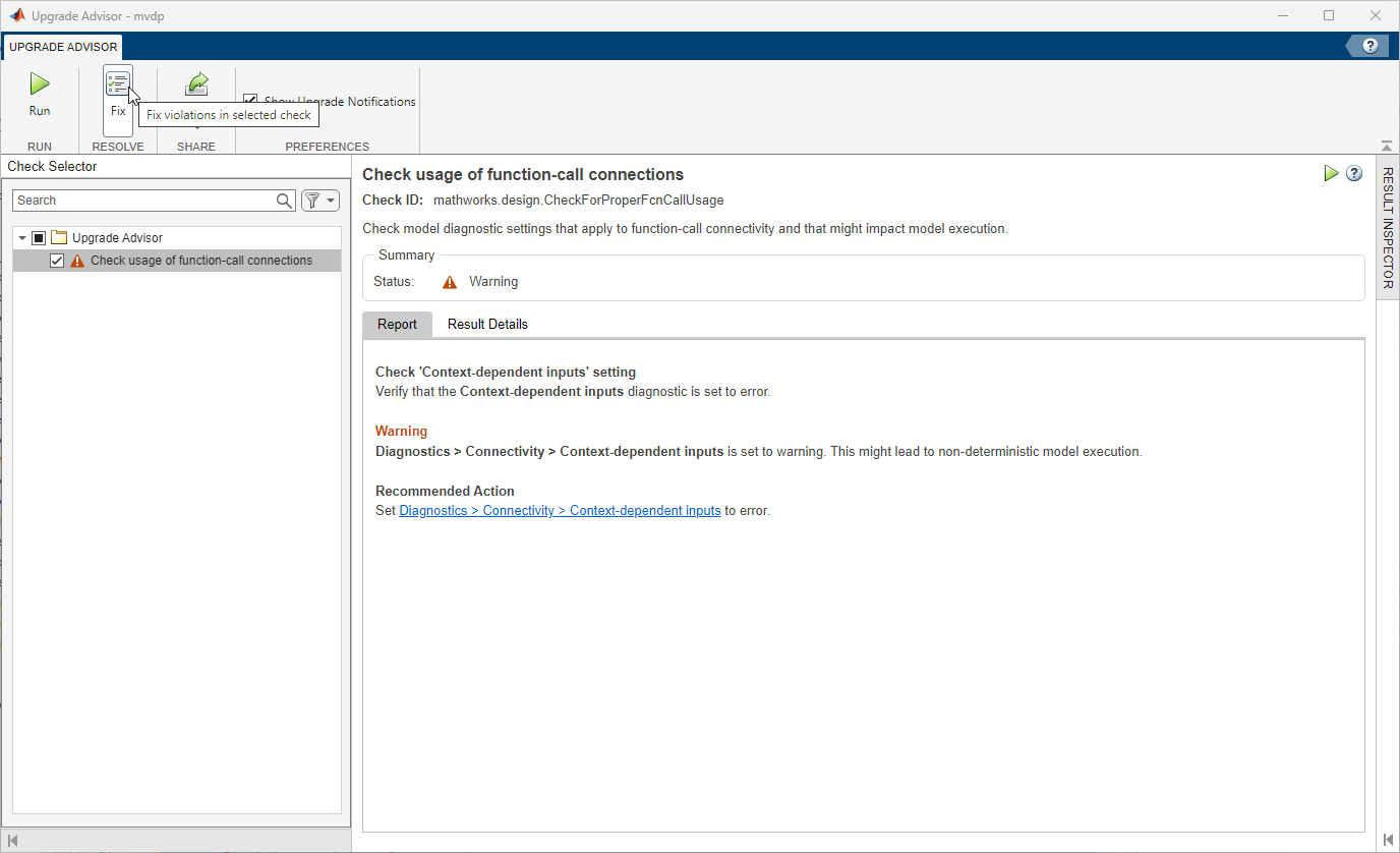 The Upgrade Advisor shows the list of checks with a warning status in the left pane, the warning details in the right pane, and the pointer on the Fix button in the toolstrip at the top.