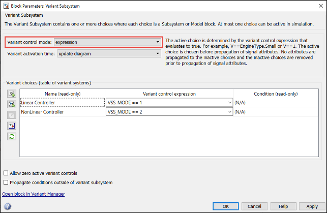 Variant Subsystem block parameter dialog box with Variant control mode set to expression