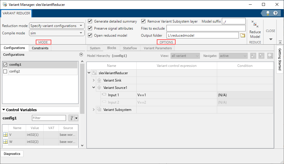 Variant Reducer window.