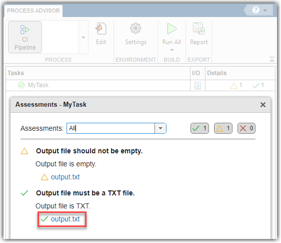 Assessments dialog with a compliant output.txt artifact