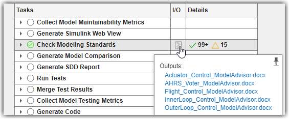 Process Advisor I/O column showing DOCX reports from the Check Modeling Standards task