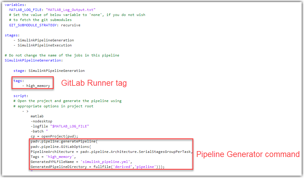 GitLab YML file showing an updated "tags" field and an updated call to the pipeline generator function (padv.pipeline.generatePipeline)