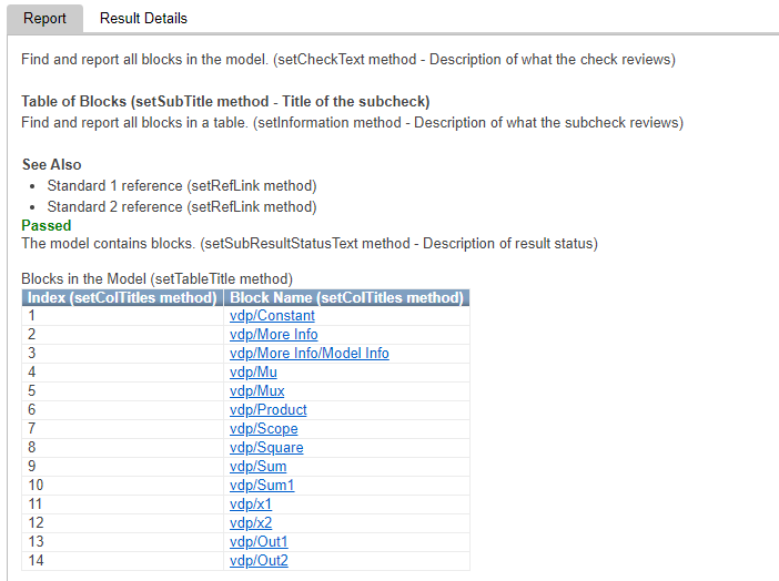 Model Advisor output when the check passes