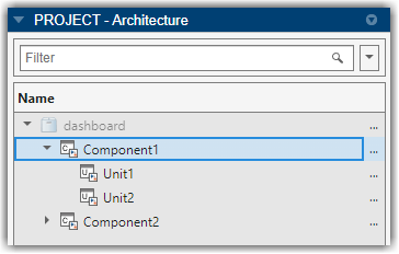 Project panel showing a component model, Component1, that contains two unit models: Unit1 and Unit2. The panel also shows a component model, Component2, that contains a component model, Component3.