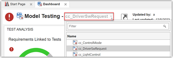 Drop-down model list showing models in the project